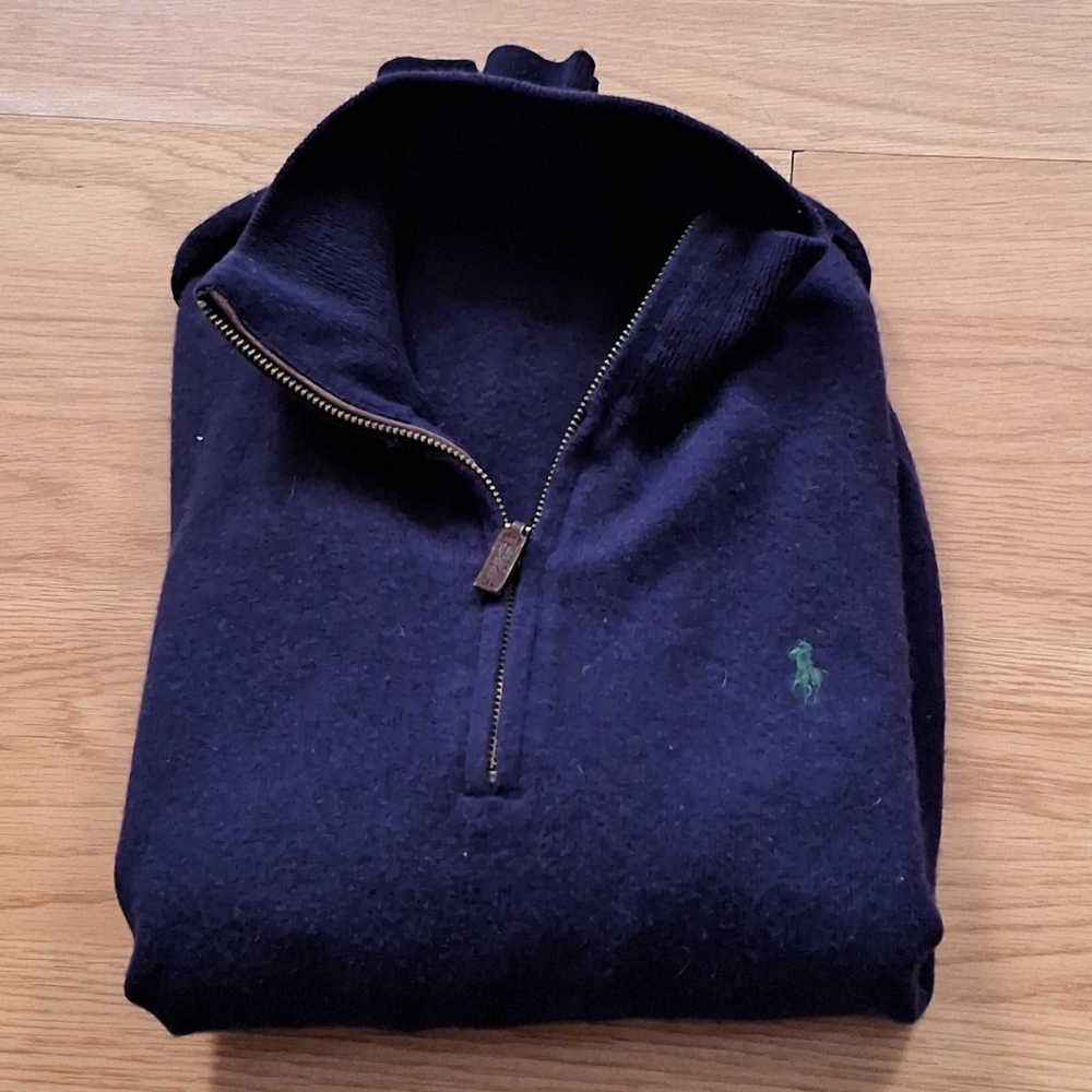 Ralph Lauren men navy merino wool 1/4 zip pullover sweater size X Large EUC
